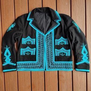 Boho Western Fancy Riding Show Coat Matador Jacket Detailed Black and Blue L XL
